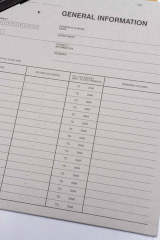 Grey A5 individual folder page with General Information heading and retention table
