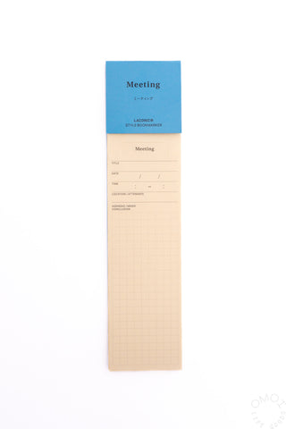 Meeting bookmarker with blue header, beige sections, and printed form lines