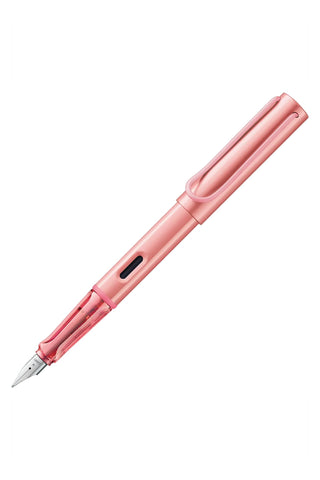 Flamingo pink fountain pen with fine nib and transparent ink reservoir window