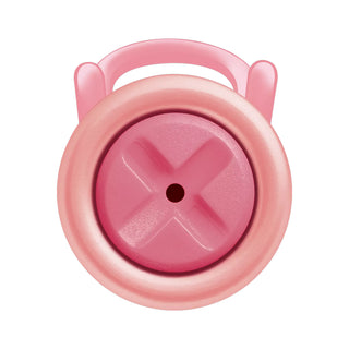 Flamingo pink pen cap with circular top, small hole, and molded grip posts