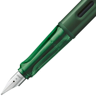 Close-up of green LAMY AL-Star fine nib with clear section