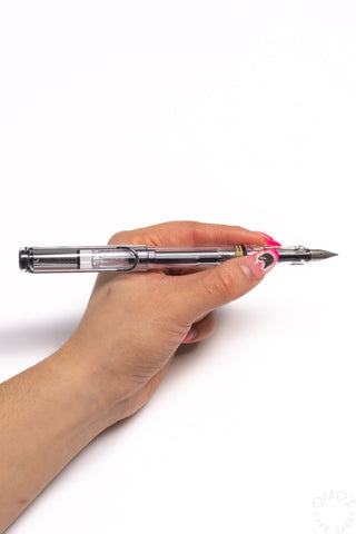 LAMY fountain pen fine nib held in hand, clear barrel with black section and clip