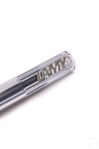 Close-up of LAMY Vista fountain pen barrel with engraved LAMY text