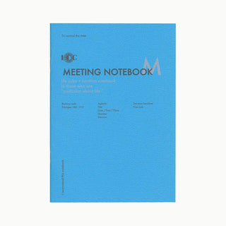 Blue A5 meeting notebook with MEETING NOTEBOOK title on the cover.