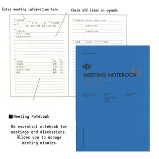 A5 meeting notebook with agenda and checklist pages plus a blue cover.