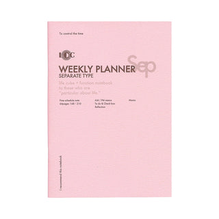A5 weekly planner notebook cover in pink with WEEKLY PLANNER title and separate layout type