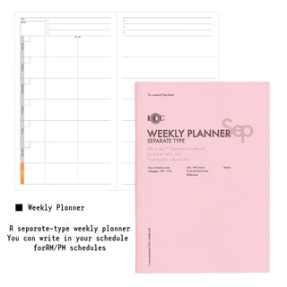 A5 weekly planner notebook set with pink cover and schedule grid pages on the inside