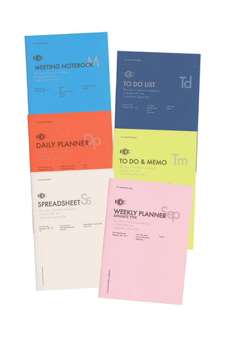 Set of A5 function notebooks with six colored covers: meeting, to-do, daily, memo, spreadsheet, weekly.
