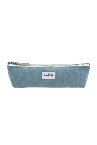 Blue-gray LUDDITE canvas boat pen case with gold zipper and brand label.