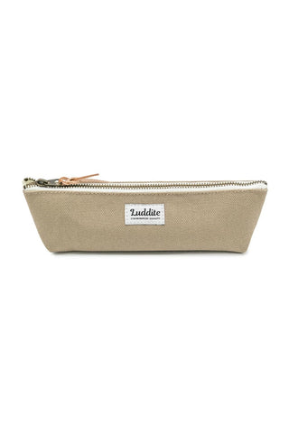 Greige LUDDITE canvas boat pen case with gold zipper and brand label.