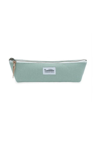 Sage LUDDITE canvas boat pen case with gold zipper and brand label.