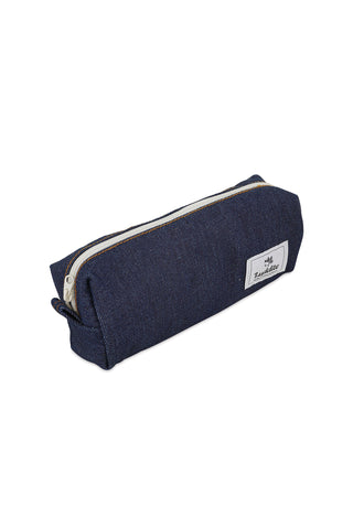 Navy denim box pen case with zipper and stitched brand label on front