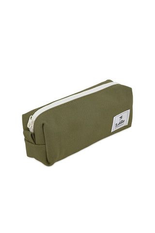 Sage canvas box pen case with zipper and stitched brand label on front