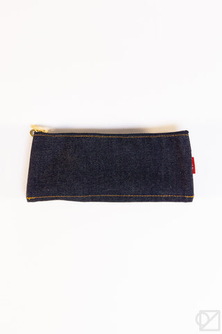 LUDDITE 5 pen case in dark denim with gold zipper and stitched front