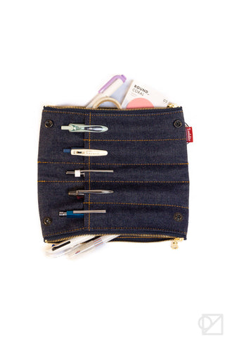LUDDITE 5 pen case dark denim with stitched stripes, metal grommets, zipper opening
