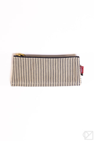 Black-and-cream striped pen case pouch with gold zipper and side fabric tag