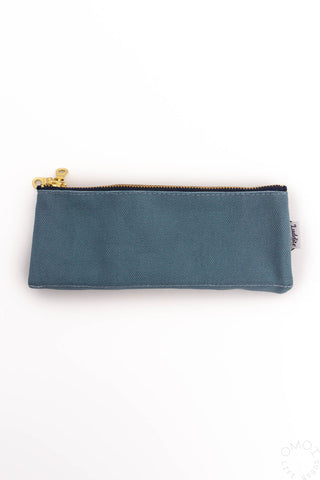 Blue-grey bendy pen case with zip top and gold-tone zipper pull