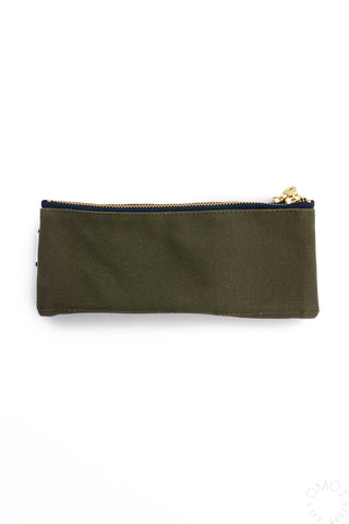 Khaki bendy pen case with zip top and small gold-tone zipper pull