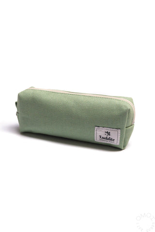 Sage canvas box pen case with zipper, piping detail, and front brand label