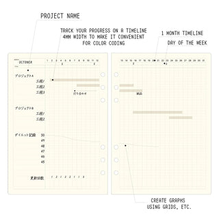 A5 notebook refill page showing a timeline and month-view planning grid layout