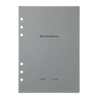 Gray-blue A5 notebook refill page labeled “Spreadsheet” with punched binder holes
