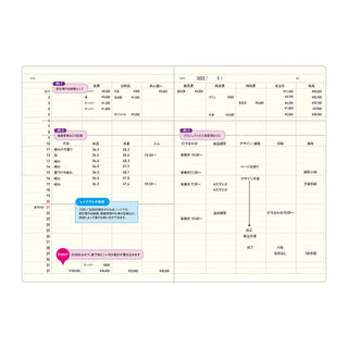A5 notebook refill page with colorful table, totals, and chart grid for planning
