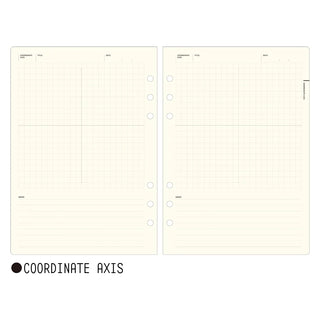 A5 notebook refill sheets with coordinate axis grid, two pages, and binder holes
