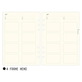 A5 notebook refill sheets with four frame memo boxes, two pages, binder holes
