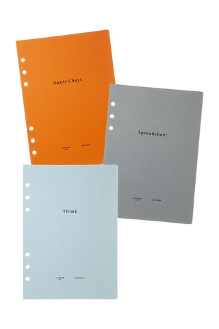 A5 notebook refill sheet set with Gantt Chart, Spreadsheet, and Think designs in orange and gray-blue