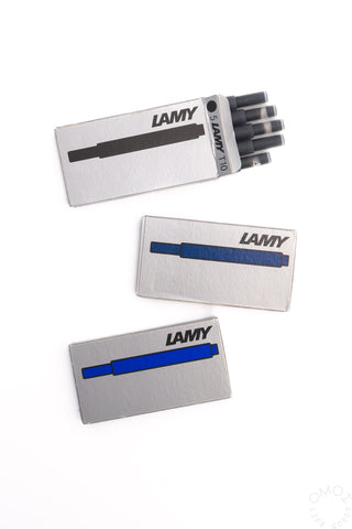 Lamy T10 ink cartridge boxes showing dark and blue ink colors