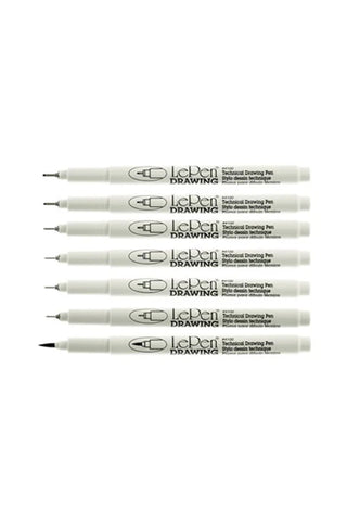 8 technical drawing pens with white barrels and black tips