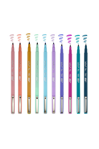 Ten pastel brush pens lined up, slender colored barrels with fine tips