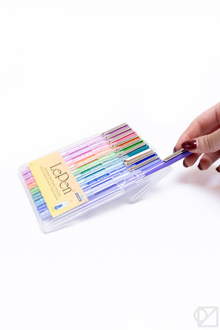 Hand holding LePen bright gel pen set in clear case with colorful pens inside