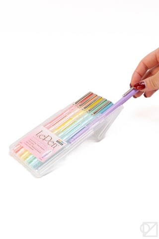 Le Pen pastel 6-piece pen set pack held in hand, clear plastic case of pens