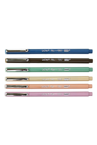 Six colored gel pens lined up, side view with metal nibs