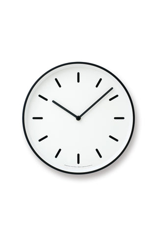 Wall clock with white face, black hands, and black round frame