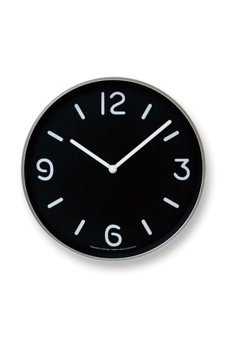 Round black wall clock with white hands and hour markers, silver rim