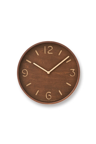 Brown round wall clock face with gold numbers, markers, and hour-minute hands