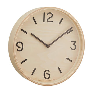 Natural wood wall clock with cream dial, black numerals and minute markers