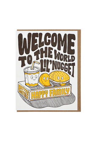 Welcome card with cartoon nugget family design and “Happy Family” text