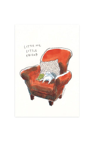 Illustrated postcard featuring a red armchair with a patterned blanket