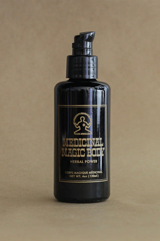 Medicinal Magic Body herbal oil bottle with black pump, 4 fl oz