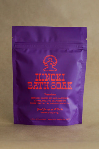 Purple Hinoki Bath Soak refill pouch with herb icon, resealable stand-up bag
