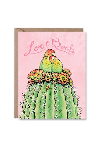 Love Birds greeting card with pink background, illustrated parrot perched on cactus