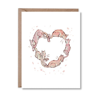 Cat chain heart greeting card with pink cat illustration on white front