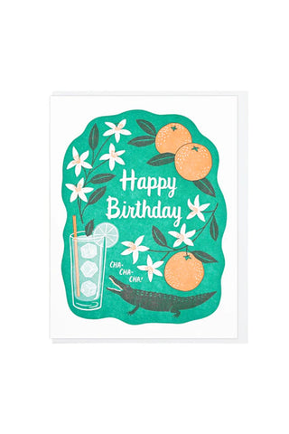 Birthday greeting card with teal illustration, orange balloons, and 'Happy Birthday' text