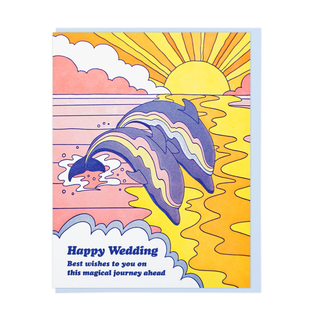 Happy Wedding greeting card with dolphin couple illustration and sunrise waves