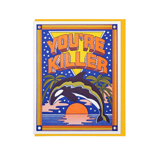 Greeting card with "You’re Killer" text, dolphin, sun, palm trees, and starry sky