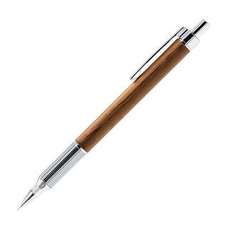 Mechanical pencil with walnut-toned wooden barrel, silver clip and clicker