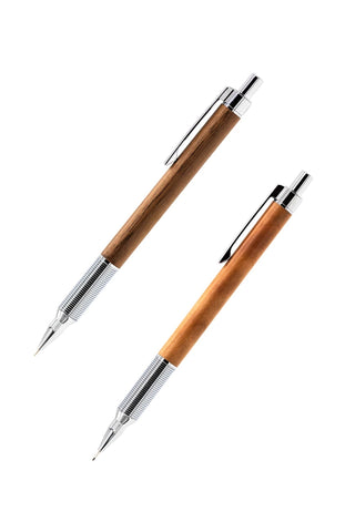 Mechanical pencil with wooden barrel, silver metal tip and clip, double view